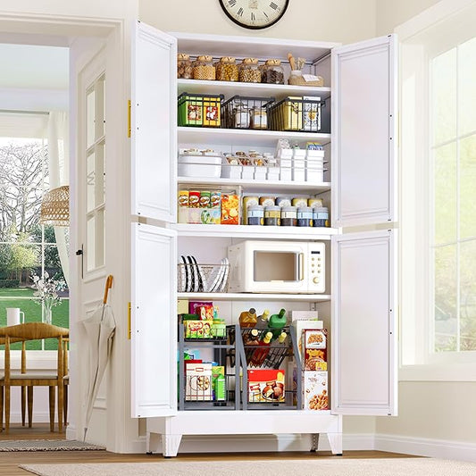 GAIOUS 75.2" Tall Metal Pantry Cabinet, Kitchen Pantry Storage Cabinets with 4 Door and 4 Adjustable Shelves, White Storage Cabinet, Freestanding Cupboard for Kitchen Dining Room Living Room Bathroom