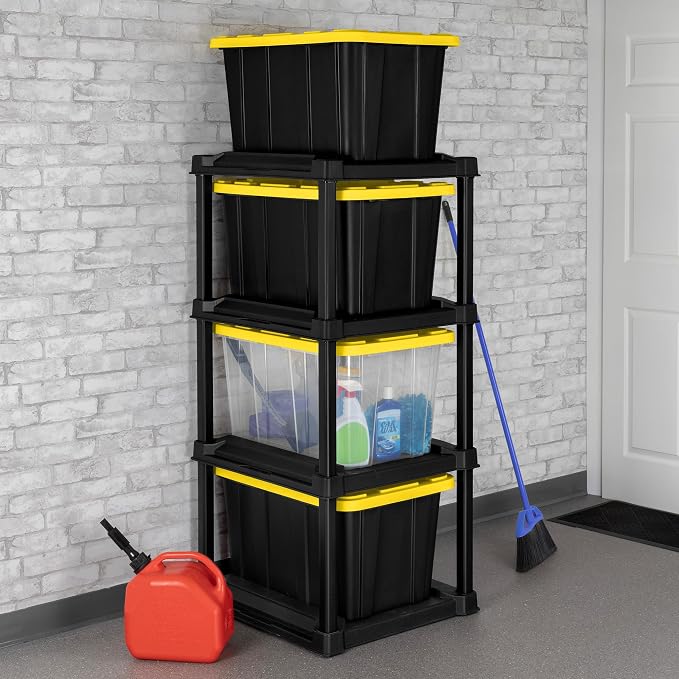 Sterilite 4-Tier Tote Rack with 4-Pack 27 Gallon Industrial Storage Totes | Shelving Unit and Heavy-Duty and Stackable Utility Box Containers for Home, Office, and Basement Organization, Black/Yellow