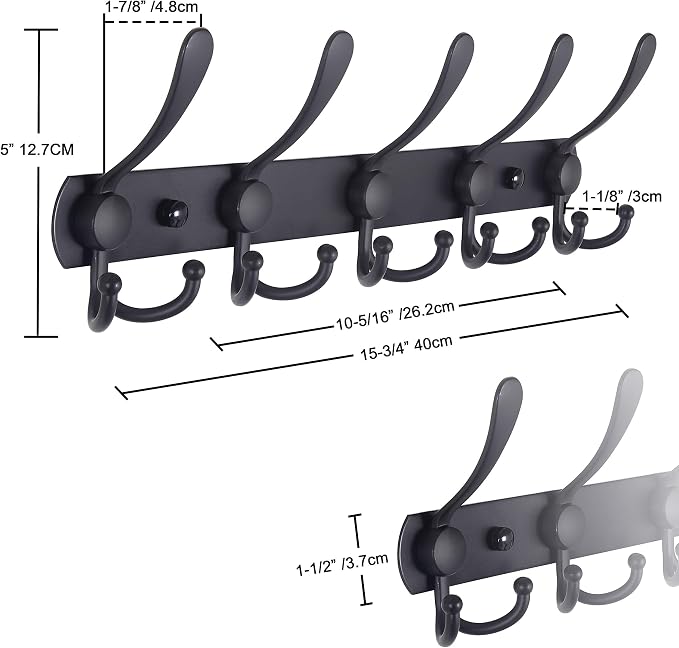 Dseap Coat Rack Wall Mounted - 5 Tri Hooks, Heavy Duty, Stainless Steel, Metal Coat Hook Rail for Coat Hat Towel Purse Robes Mudroom Bathroom Entryway,Black