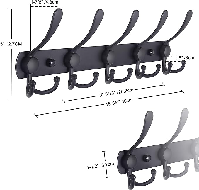 Dseap Coat Rack Wall Mounted - 5 Tri Hooks, Heavy Duty, Stainless Steel, Metal Coat Hook Rail for Coat Hat Towel Purse Robes Mudroom Bathroom Entryway (Green, Pack of 2)