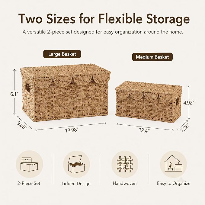Set of 2 Scalloped Wicker Baskets with Lid,Paper Rope Decorative Storage Baskets for Shelves, Display Shelf, Handmade Cute Woven Basket for Nursery,Living Room Decor