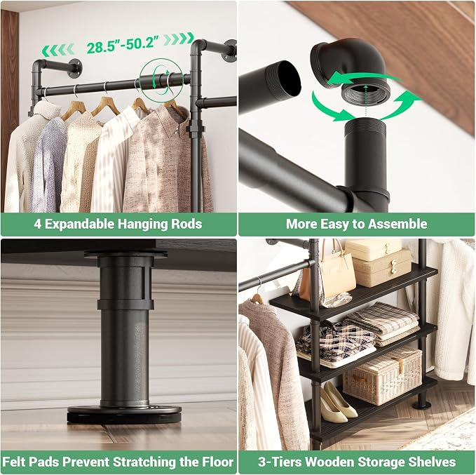 Aheaplus Expandable Industrial Pipe Clothing Rack, 7.3-10.9Ft Wall Mounted Closet System, Reversible L Shaped Clothes Rack for Hanging Clothes, Heavy Duty Corner Closet Wardrobe Garment Rack, Black