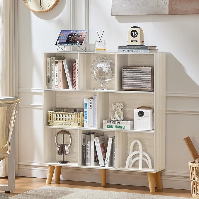 LEYAOYAO 8 Cube Bookshelf,Mid-Century Modern Bookcase with Legs,Light Grey | 3 Tier Book Shelf,Rustic Wood Bookshelves Freestanding Large Storage Organizer, Open Shelves for Bedroom, Living Room, Office