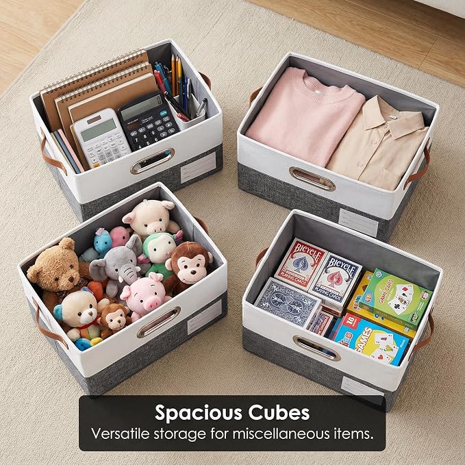 PRANDOM Storage Bins with Lids [3-Pack] Linen Fabric Foldable Storage Boxes Organizer Containers Baskets Cube with Cover for Bedroom Closet Office Grey&White（11.4X8.6X6.7