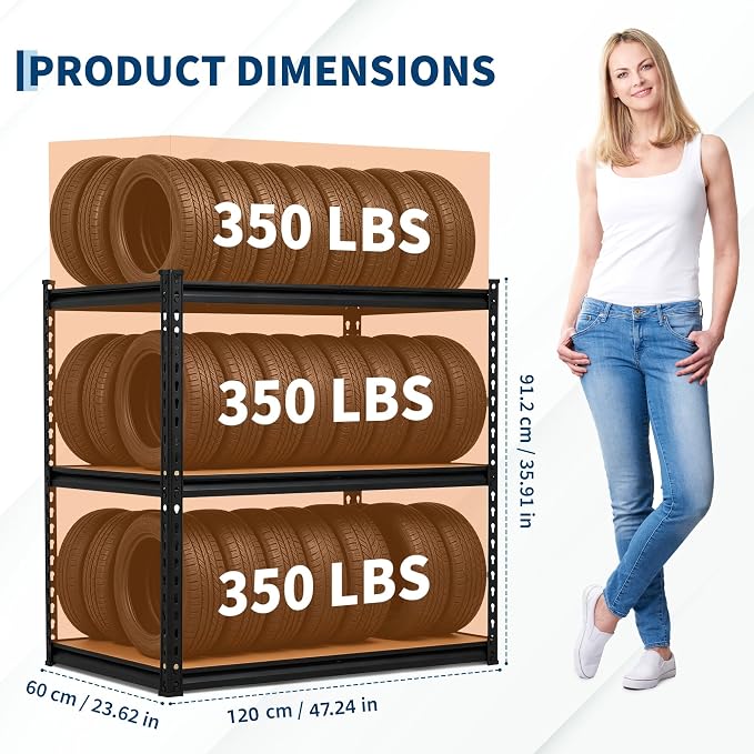 Garvee 3-Tier Storage Shelving Unit, 48" W x 24" D x 36" H, 1500 lbs Load | Carbon Steel Utility Shelves, Adjustable Metal Freestanding Garage Shelf for Pantry, Basement, Warehouse, Heavy Duty