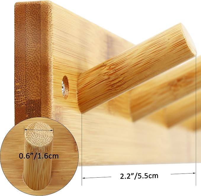 SKOLOO Wooden Wall Mounted Coat Rack,16'' Hole to Hole, 5 Pegs Bamboo Wall Hook for Hanging Clothes Robes Towels Hats,Natural Gold