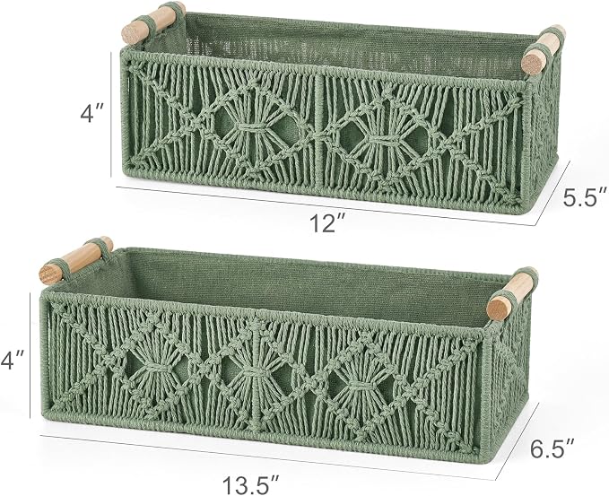 Mkono 2Pc Macrame Storage Baskets, Boho Bathroom Toilet Paper Holder, Green | Small Baskets for Organizing, Hand-Woven, Bohemian Beach Coastal Decor, Shelf Vanity Cabinet Bedroom Living Room Office Dorm