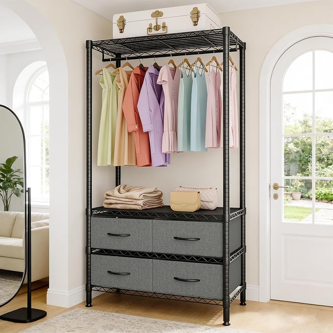 Portable Closet with Drawers Clothes Racks for Hanging Clothes | Freestanding closet organizer Sturdy structure Space saving Orgnizer Easy to assemble