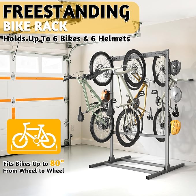 Ultrawall Freestanding Bike Stand, Vertical Bike Storage Stand Rack for Garage, Indoor Bicycle Organizer with Adjustable Hooks, Holds Up to 6 Bikes & 6 Helmets