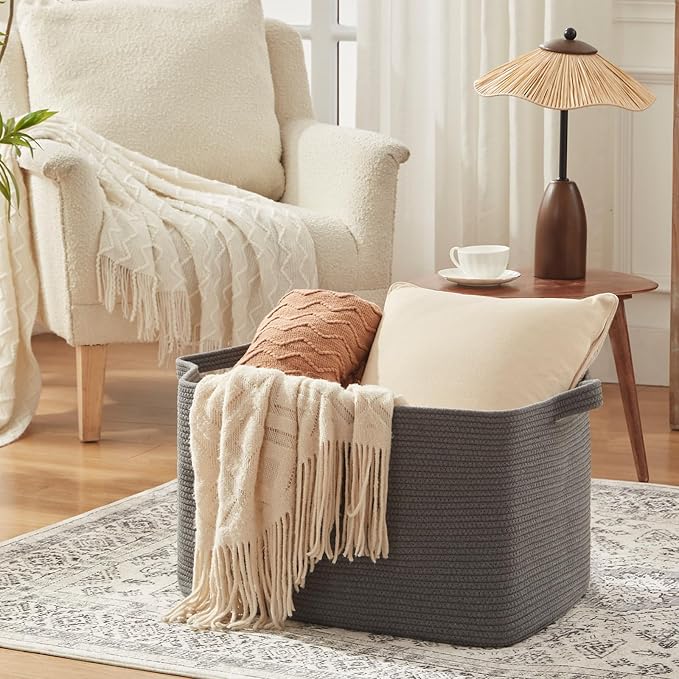 OIASKET 118L Extra Large Blanket Basket, 24.8" x 17.7" x 17.2" Woven Storage Basket for Living Room, Rectangle Nursery Blanket Storage for Toys, Towels, Dirty Clothes (Grey)