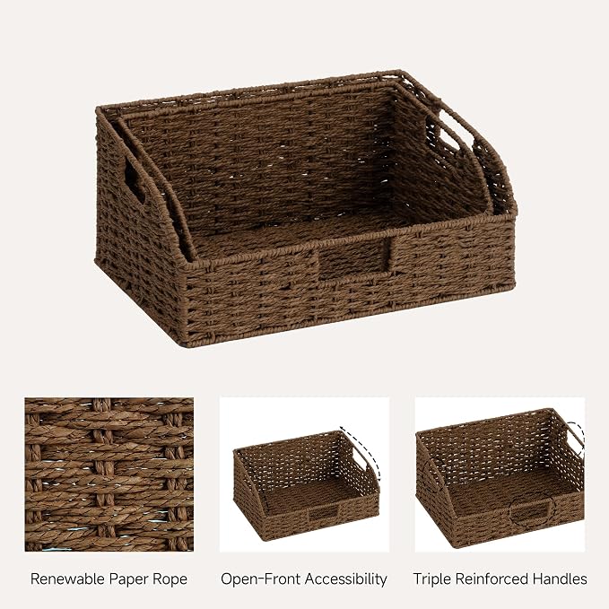 StorageWorks Pantry Baskets for Organizing, Paper Rope Storage Baskets for Shelves with Built-in Handles, Pantry Organizers and Storage, Brown, Set of 2 (Large and Medium)