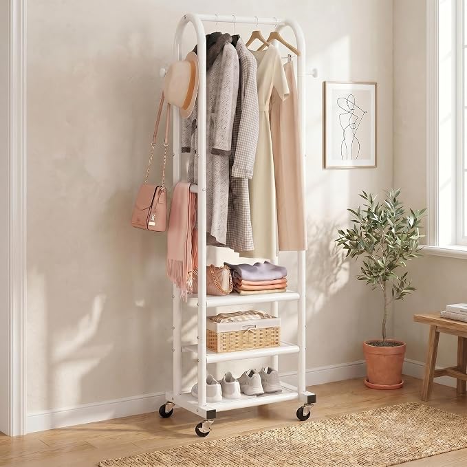 Dttwacoyh Clothing Rack with Wheels,Narrow Metal Garment Rack,White | Easy to install, 71.8 Inches Display Rack with 4 Side Hooks & 3 Shelves,for Small Flats, Bedroom, Entryway,White Clothes Rack