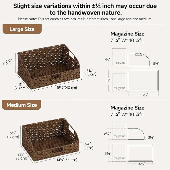 StorageWorks Pantry Baskets for Organizing, Paper Rope Storage Baskets for Shelves with Built-in Handles, Pantry Organizers and Storage, Brown, Set of 2 (Large and Medium)