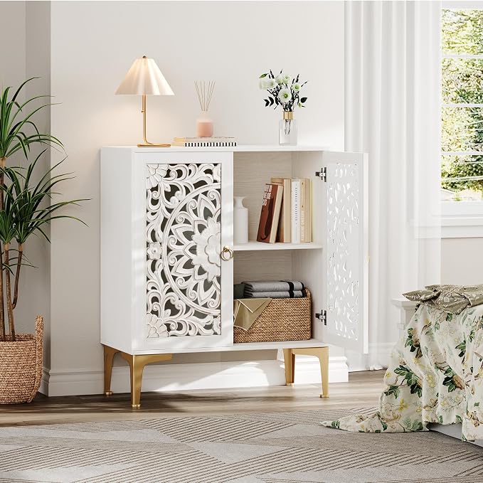 JOINICE 31.5" White Accent Cabinet with Carved Doors & Storage, Gold Legs | Carved Floral Design, Boho/Farmhouse/Rustic Style, Versatile Storage for Living Room & Bedroom & Hallway, Adjustable Shelf
