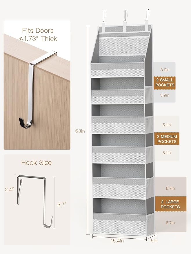 Criusia 2 Pack Over The Door Organizer, Heavy-Duty 6-Shelf Hanging Storage with 13 Mesh Pockets, 55lbs Capacity Behind The Door Storage for Nursery, Bathroom, Bedroom, and Dorm, Grey