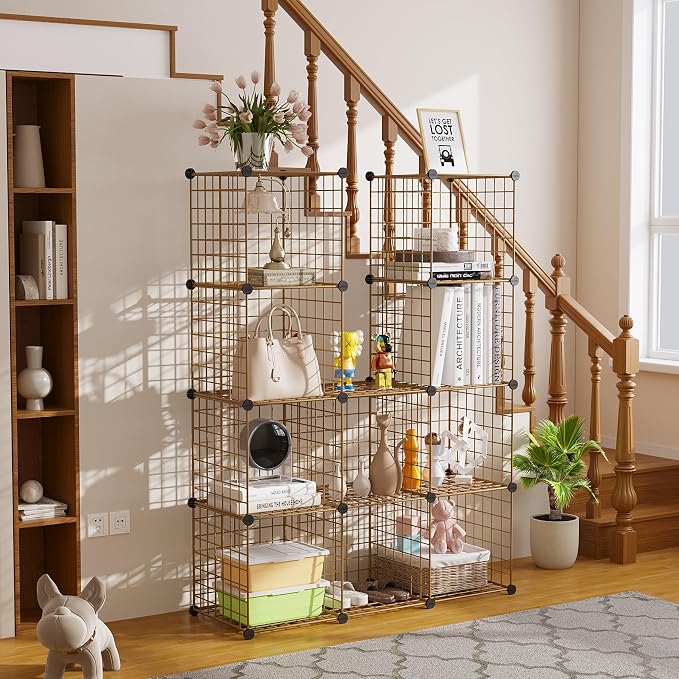 C&AHOME Wire Cube Storage, 12 - Cube Organizer Metal C Grids, Closet, Brown | Modular Shelves Units Storage Bins Shelving Bookshelf Shelf Cabinet