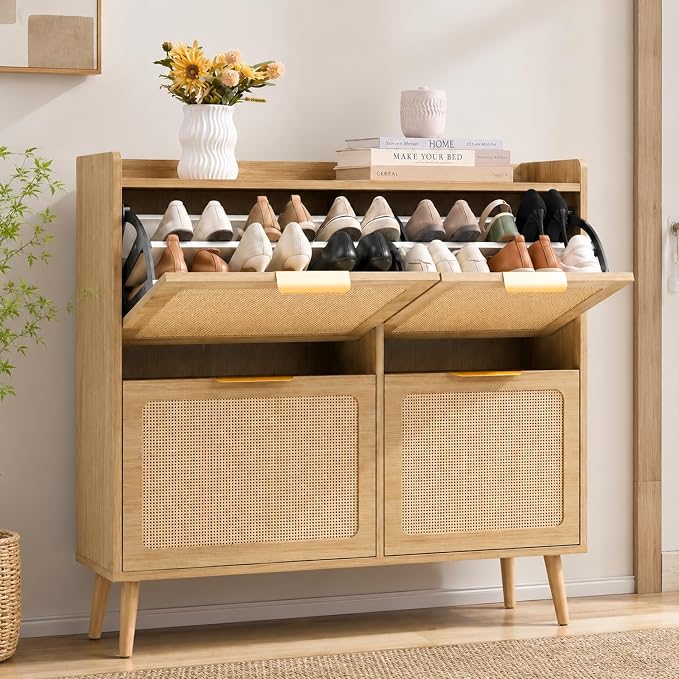 Shoe Cabinet, Rattan Shoe Storage Cabinet for Entryway with Flip Drawers | 4 Flip Drawers, Breathable Rattan, Odor Resistant, Hidden Shoe Organizer, Slim Space Saving, Narrow Cabinet, Entryway Storage