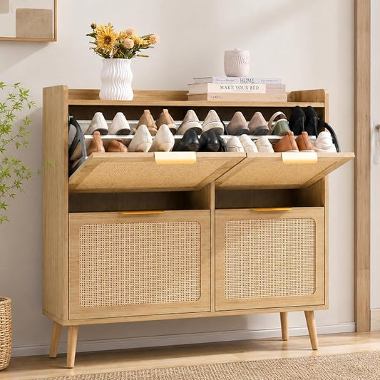 Shoe Cabinet, Rattan Shoe Storage Cabinet for Entryway with Flip Drawers | 4 Flip Drawers, Breathable Rattan, Odor Resistant, Hidden Shoe Organizer, Slim Space Saving, Narrow Cabinet, Entryway Storage