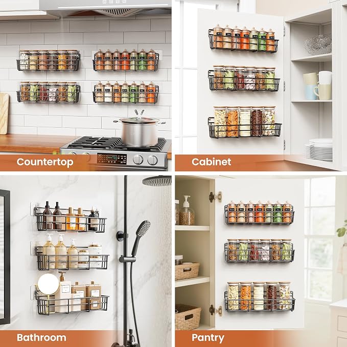 Mystozer Spice Rack wall mounted 6 Pack, Space-Saving Spice Organizer for Spice Jars and Seasonings,Screw or Adhesive Hanging Spice Rack Organizer for Your Kitchen Cabinet,or Pantry Door