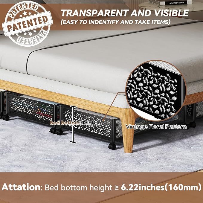 PHINOX Under Bed Stroage Container with wheels,Patterned,Metal,2 Pack,Black | Tool-free assembly, glide smoothly, easy reach, foldable, maxmazie low-profile beds, dorm, keep seasonal clothes, shoes fresh