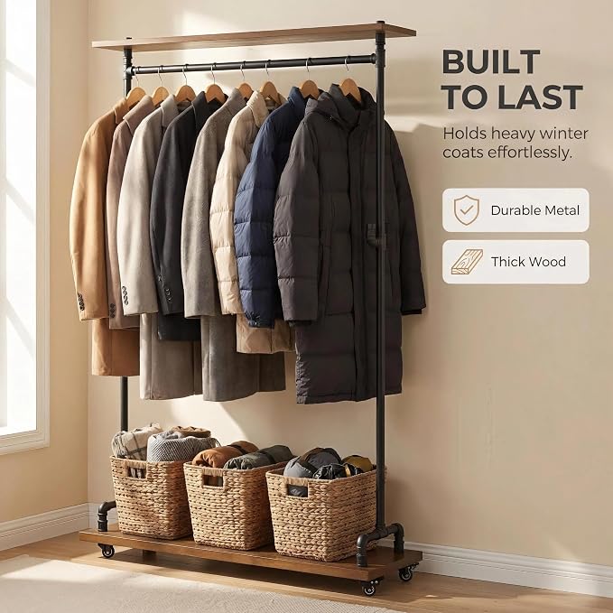Industrial Pipe Clothing Rack, Wood Clothes Rack, Rolling Garment Rack | Iron Clothing Hanging Rod with Shelves, Wheels and Hangers, Heavy Duty, Steampunk, Retail, Bed Room, Entry, Laundry Room