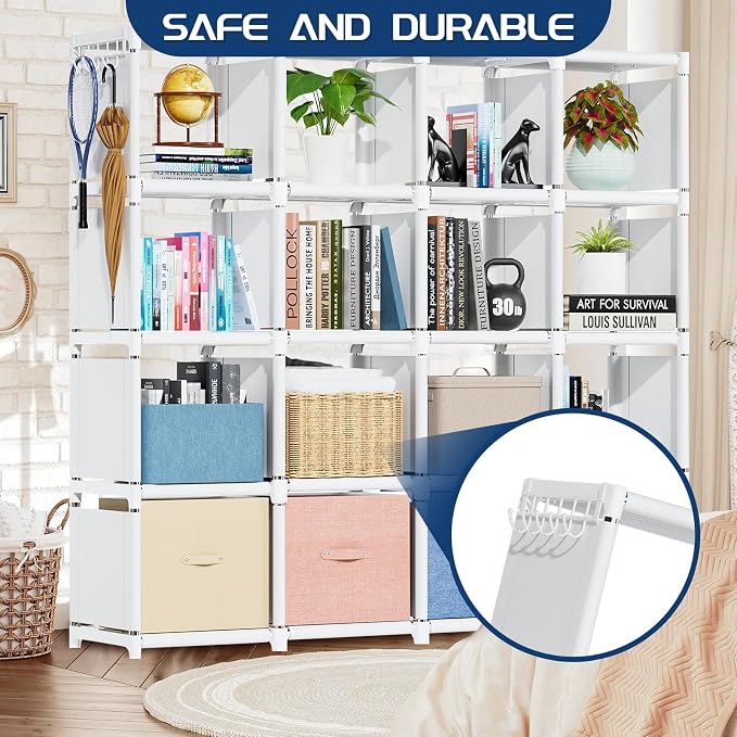 Mavivegue 16 Cube Storage Organizer Book Shelf, Metal Cube Bookshelf, DIY Bookcase, Tall Book Case for Bedroom, Living Room, Office - White