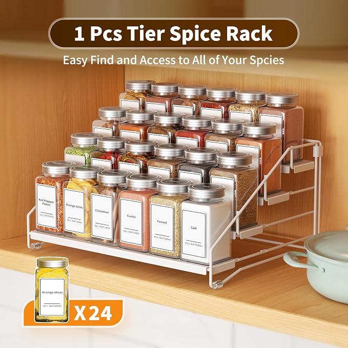 BOIVSHI Tiered Spice Rack, 4 Tier Spice Shelf Organizer for Cabinet, Spice Rack Organizer, Depth Adjustable Seasoning Rack Organizer for Cabinet, Countertop, Pantry, Metal, White (1 Pack)
