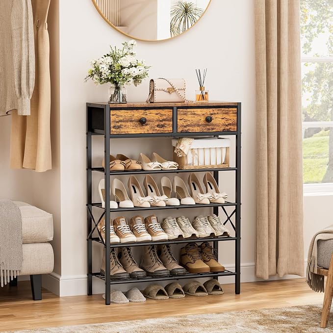 5 Tier Shoe Rack with 2 Drawers, 16-20 Pairs Rustic Brown | Holds 16-20 pairs. 2 drawers for socks/keys. Removable layer for boots. Anti-tip kit included. Quick assembly.