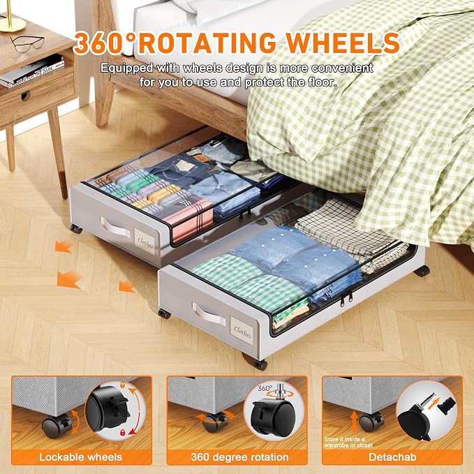 Under Bed Storage with Wheels, 2 Pack Under Bed Storage Containers with Clear Lids, XXL 65L Under Bed Storage Organizer, Rolling Under Bed Metal Drawer for Blanket, Clothes, Shoes (31 x 17 x 6.69 in)