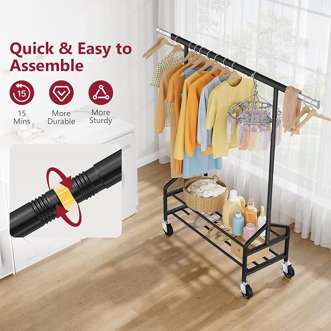 Clothing Rack with 2 Shelves, Metal Heavy Duty Load 350 LBS, Black | Adjustable Clothes Rack, Extendable Garment Rack for Hanging Clothes, Rolling Rack for Bedroom, Laundry Room, Clothes Store