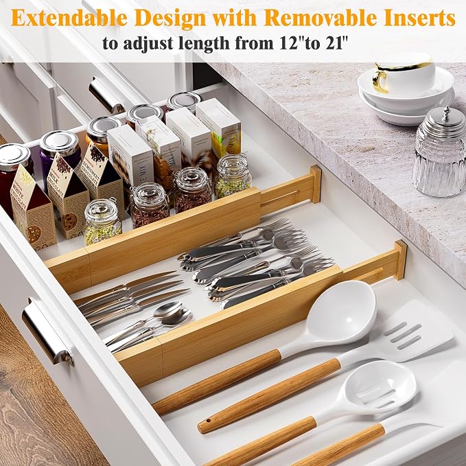 Bamboo Drawer Dividers, 12-21 Inch Kitchen Adjustable Drawer Organizers | Expandable Dresser Separators for Clothes, Ideal for Kitchen, Bathroom, Vanity, Office Organization and Storage, 8-Pack