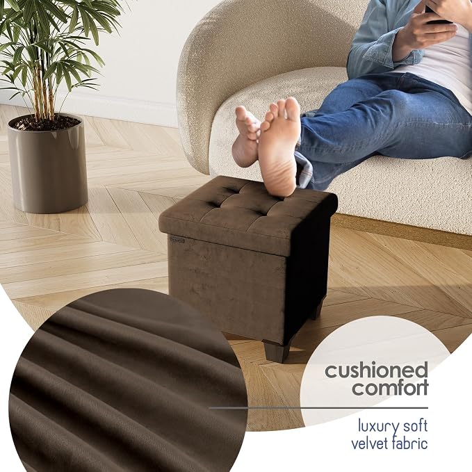 Storage Ottoman Cube with Small Bin, 15-in Square Ottoman with Storage for Living Room and Bedroom, Small Ottomans Foot Rest, Velvet Foot Stools Ottomans Max 330lbs, Brown