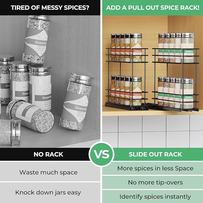 Mystozer Pull Out Spice Rack Organizer for Cabinet, Slide Out Spice Racks, Easy to Install Spice Cabinet Organizers, 5.2" Wx10.43 Dx8.26 H, 2 Packs 2 Tiers(Black)