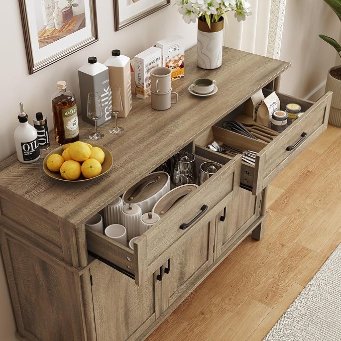 55 Inch Buffet Cabinet with Storage, Farmhouse Sideboard Buffet w/2 Drawers and 3 Doors, Coffee Bar Cabinet with Adjustable Shelves, Sideboard Storage for Kitchen, Living Room, Washed Grey