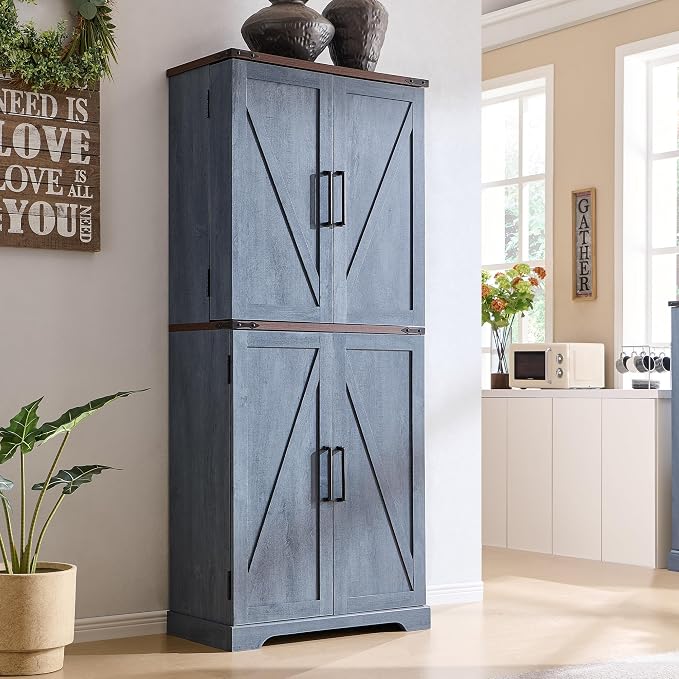 72" Tall Wooden Pantry Storage Cabinet with Door Shelves & Drawer | Farmhouse, Barn Doors, Adjustable Shelves, Freestanding, Anti-tip Kit, for Kitchen, Dining Room, Living Room