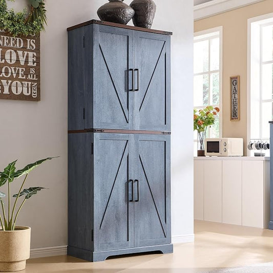 72" Tall Wooden Pantry Storage Cabinet with Door Shelves & Drawer | Farmhouse, Barn Doors, Adjustable Shelves, Freestanding, Anti-tip Kit, for Kitchen, Dining Room, Living Room