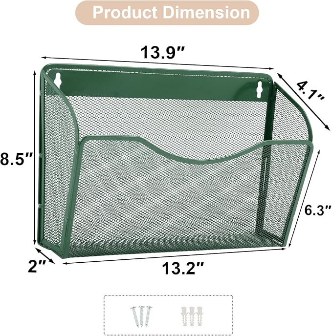 EASEPRES 3 Single Pocket Mesh Hanging File Organizer, Vertical Wall Mounted Magazine File Holder, Mount Basket Mail Paper Document Folder Organizing for Office, Home and School, Dark Green
