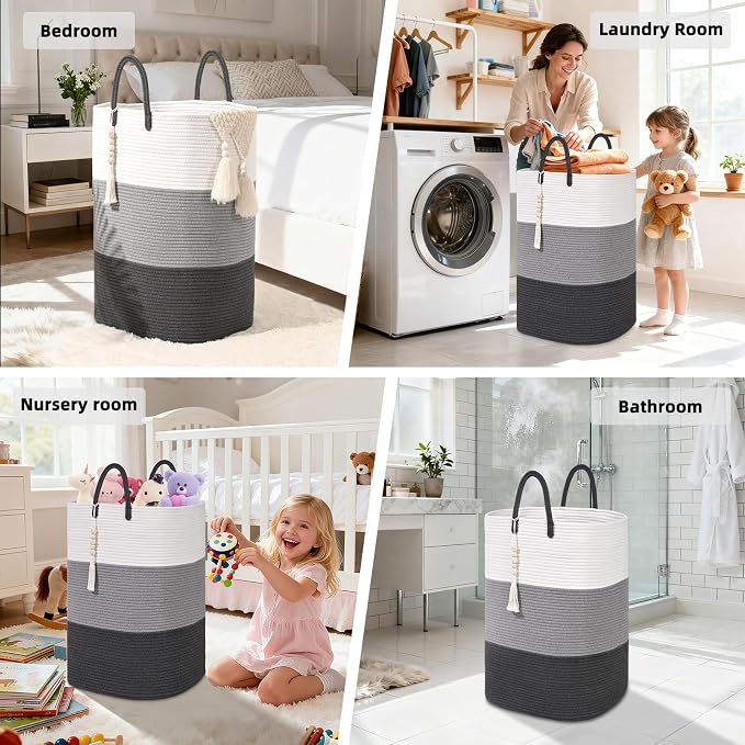 Woven Laundry Basket for Clothes,100 L Large Rectangle Laundry Hampers with Beads Tassel, Nursery Storage Basket for Toys, Tall Dirty Clothes Hamper for Bedroom Aesthetic, Laundry Room Organization