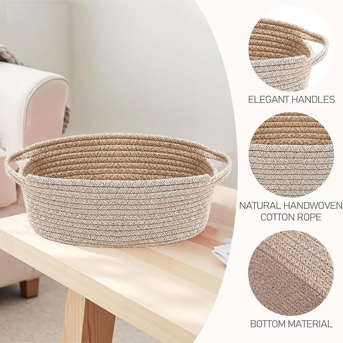 JMvicyroam Small Woven Basket, Empty Gift Basket, Oatmeal/1 Pack | Small Gift Basket, Cotton Rope, 12 x 8 x 12 in, Handles, Includes Ribbon and Bag, Birthday Gift Basket