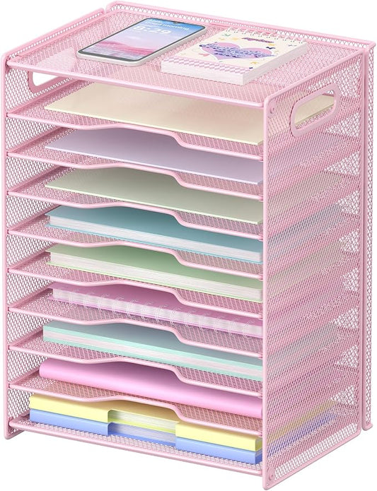 OUTWOLF 10 Tier Paper Organizer - Letter Tray Mesh Desk File Organizer with Handles for Office School Desktop, Pink