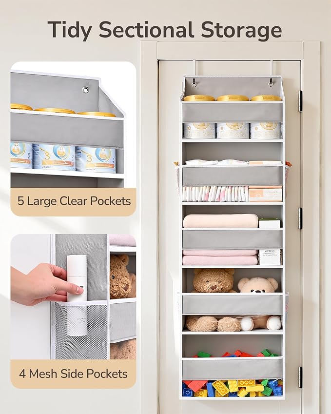 ULG 2-Pack Over-The-Door Organizer 5 Tiers, – Hanging Storage Organizer with 4 Mesh Side Pockets,Space Saving Closet Door Organizer for Clothes, Shoes, Toys, Accessories Light Gray
