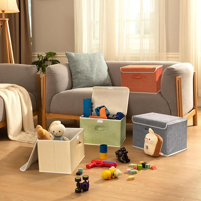 Storage Bins with Lid, Foldable Clothing Storage Box case with Handle for Books, Closet, Bedroom, Home, 4 Color Set A, 15L x 10W x 10H inch