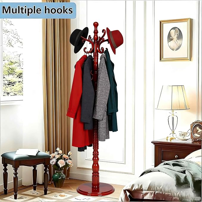 Coat Rack Freestanding, Wooden Coat Rack Stand with Sturdy Round Base, Vintage Coat Racks with 18 Hooks, Coat Hanger Stand for Entryway, Hallway,Bedroom (Reddish brown)