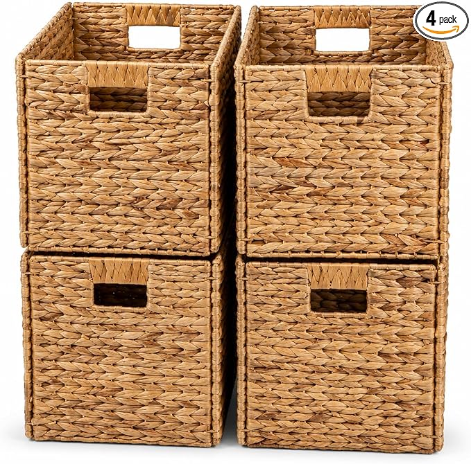 4 Hand-Woven Wicker Storage Baskets 13x11x11in, Water Hyacinth Shelf Bins | ECO-FRIENDLY & SUSTAINABLE