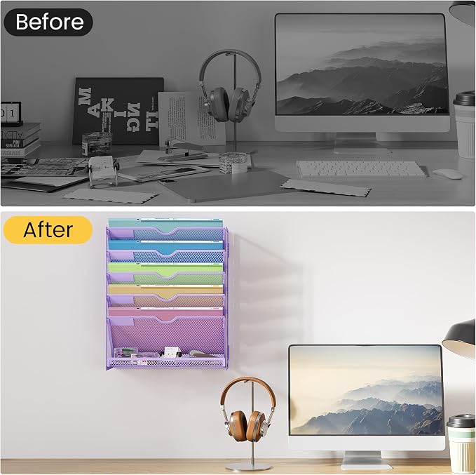 Hanging Wall File Organizer, Desk Organizer with Metal Mesh, 6-Tier | Foldable Document Organizer for Office Desk, Wall Mount Magazine Rack for Mail/Books/Tablet, Purple