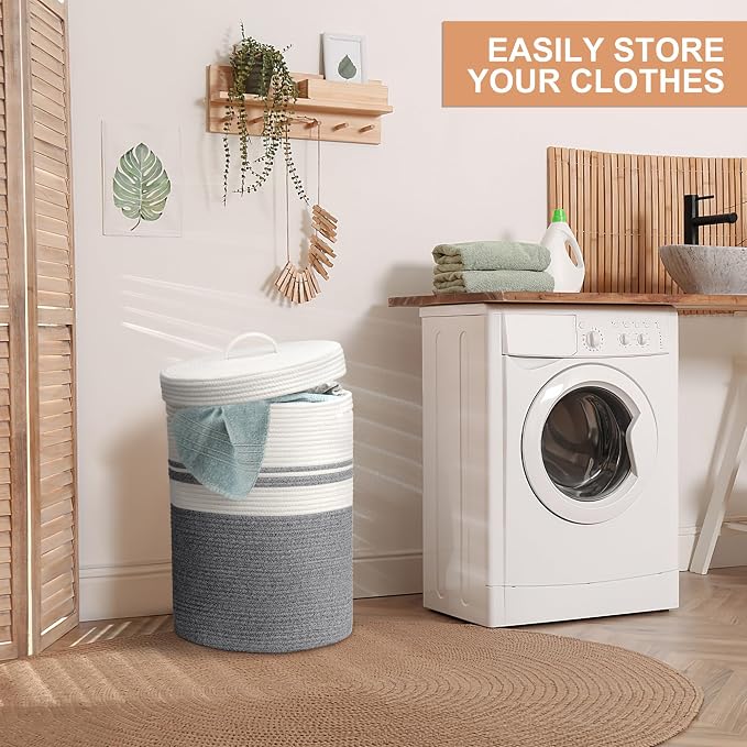 Woven Laundry Basket with Handles, XXL Versatile Clothes Hamper, Blanket and Large Toy Storage Basket for Living Room, Bedroom, Bathroom (Grey, 55L)