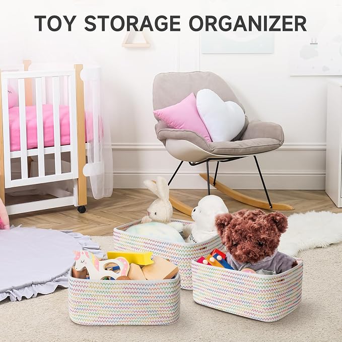 3-Pcs Shelf Baskets for Organizing, Closet Organizer Bins, Small Woven Baskets, Rope Toy Basket, Storage Basket for Shelves, Cube Decorative Box, 11.8×7.8×5.1”, Rainbow