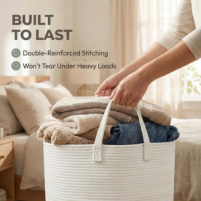 JMvicyroam 115L Extra Large Machine Washable Cotton Rope Blanket Basket | Collapsible laundry hamper, Reinforced handles, For blankets, pillows, toys and clothes, Living room and bedroom, White