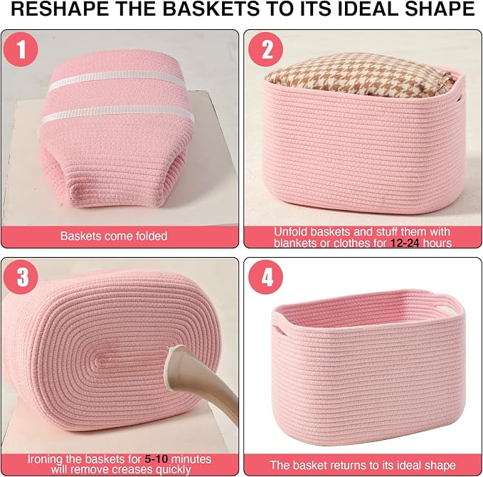 ICERZCZ Storage Baskets for Organizing Shelves, Pink Basket for Nursery, Woven Cotton Rope Baskets for Storage, Towel Basket for Bathroom, 15"x11"x9.5", 3 Packs, Light Pink
