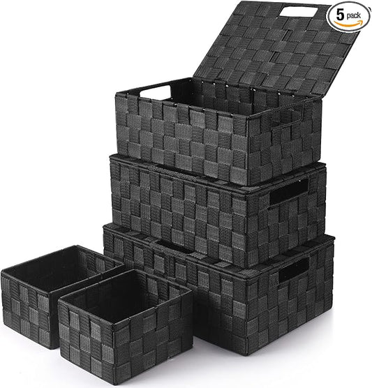 Storage Baskets with Lids: 5 Pack Stackable Woven Storage Bins, Black | Decorative Woven Baskets for Organizing with Built-In Handles for Shelves, Closets, Cabinets and Cubbies, Gift Small Basket